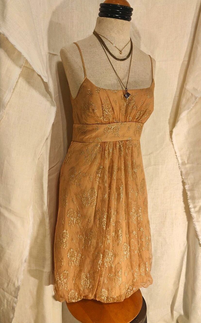 Max and Cleo Gold Lace Bubble Dress Size 4 Fairycore Romantic Cocktail Mini Cute